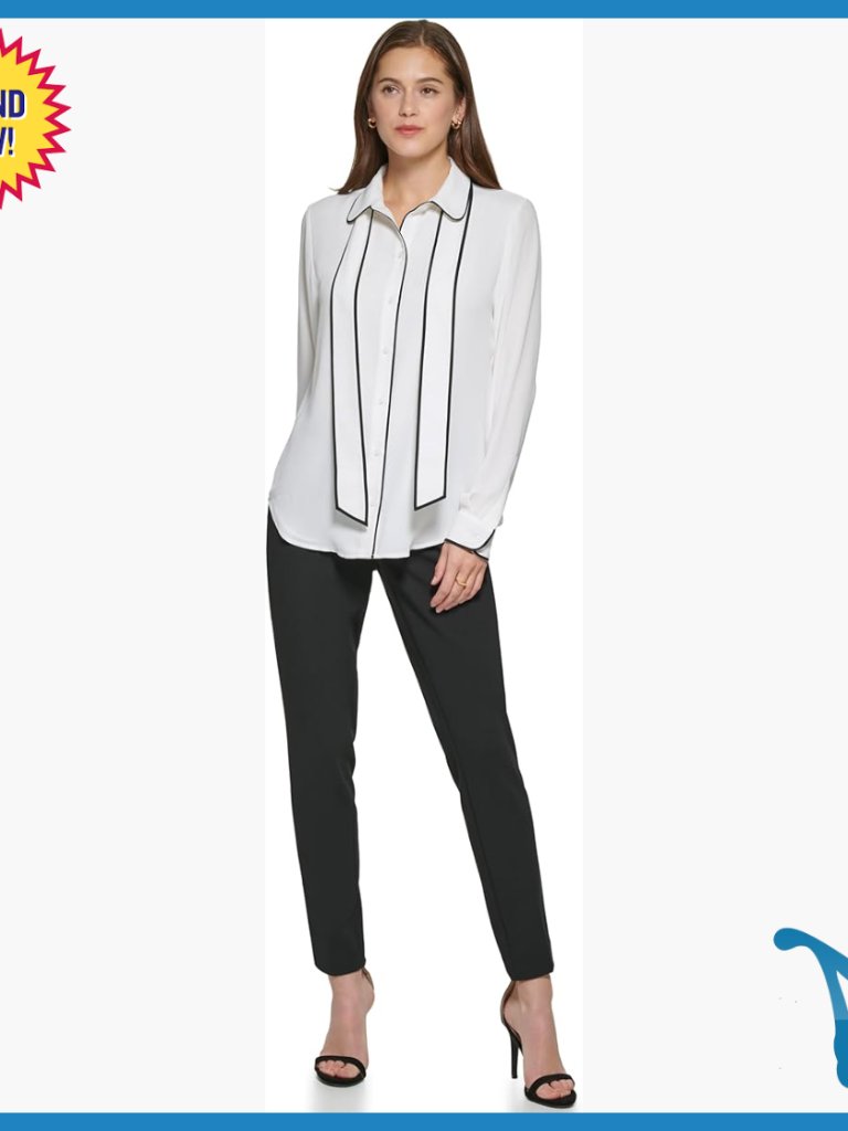 Long Sleeve Button Down Blouse, Formal Polyester Top, Professional Wear